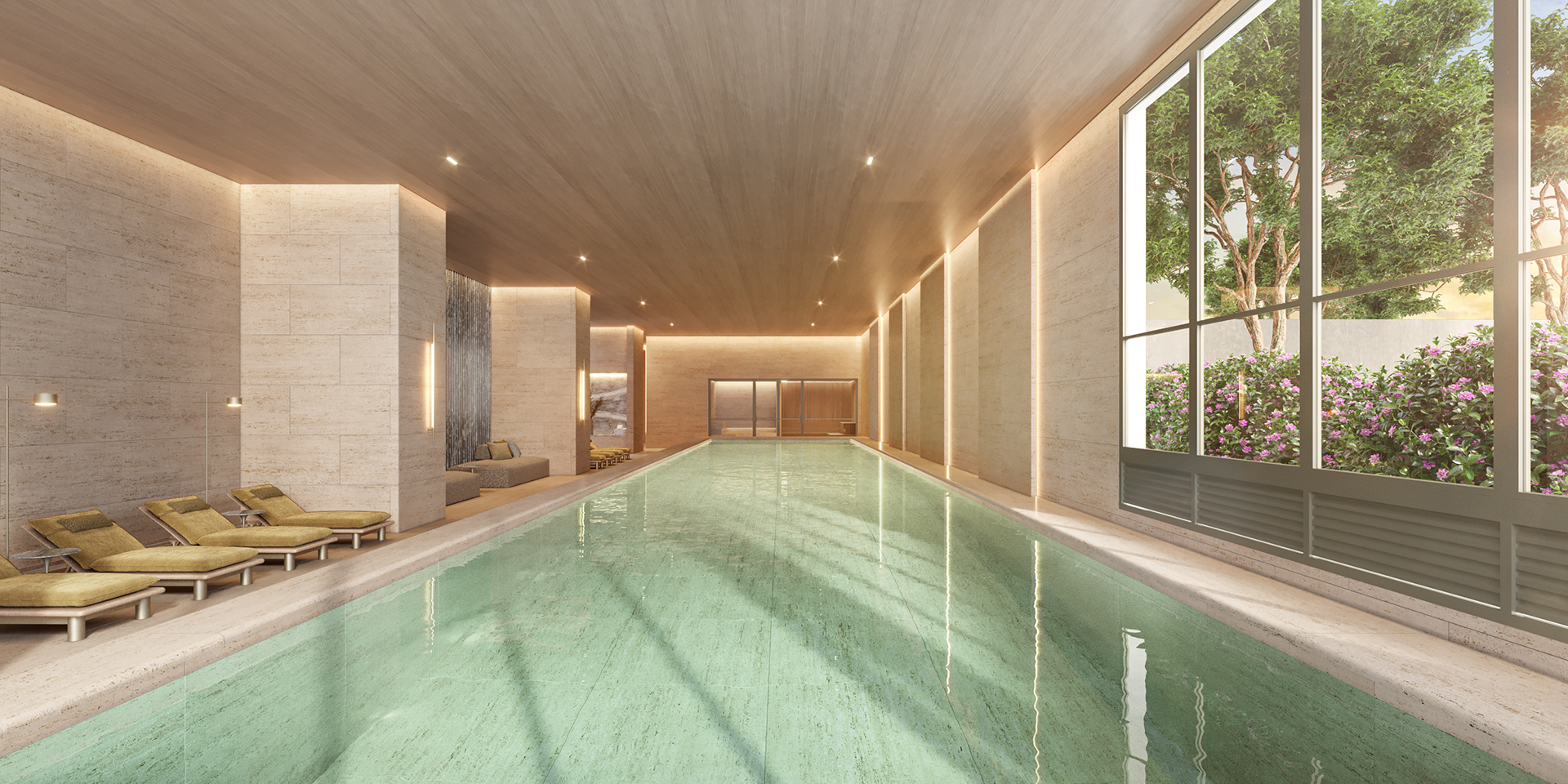Le Six Ibirapuera — piscina coberta com jardim e vista