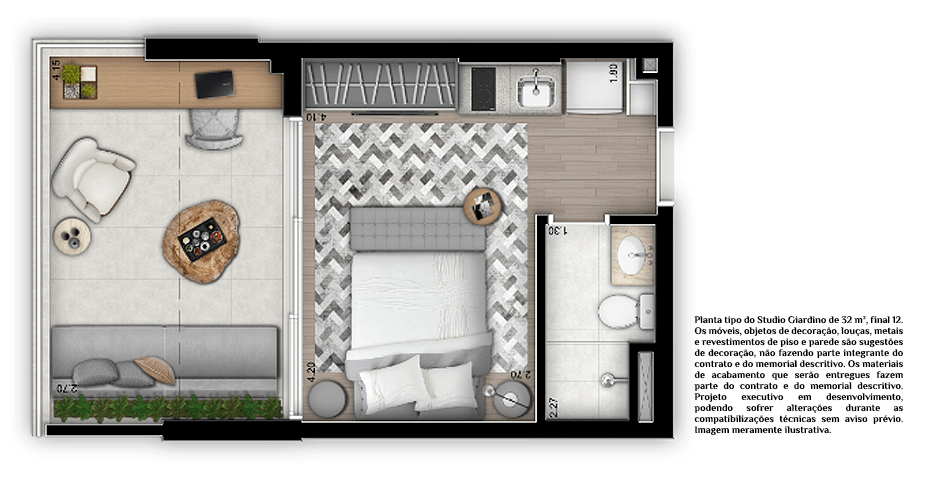 Planta tipo studio giardino 32m²