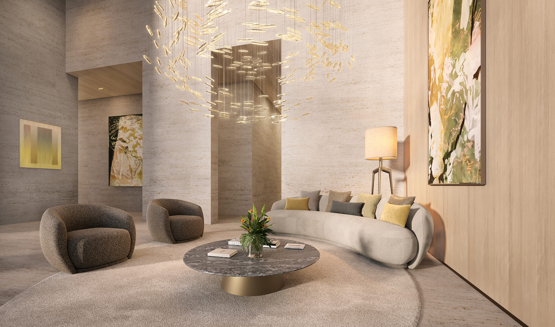 Le Six Ibirapuera — lobby com pé-direito duplo e lustre exclusivo