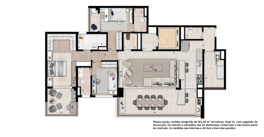 Planta opção cozinha integrada 163m²