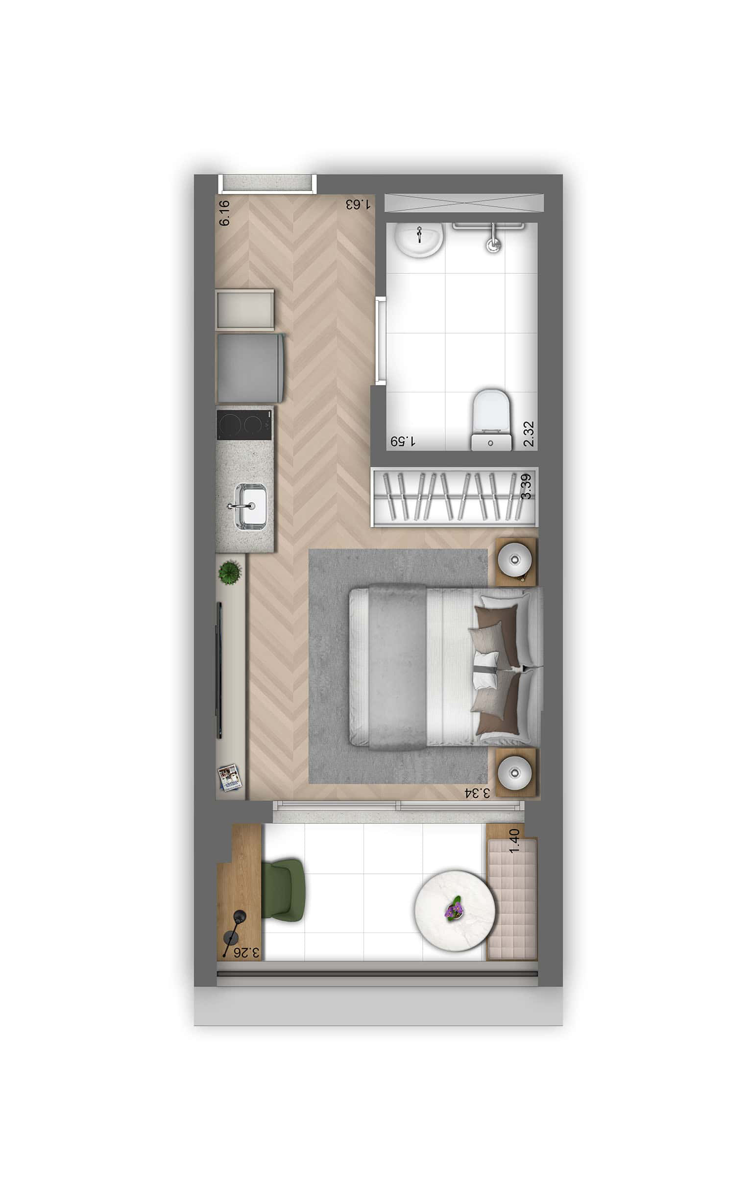 Planta studio 28m²