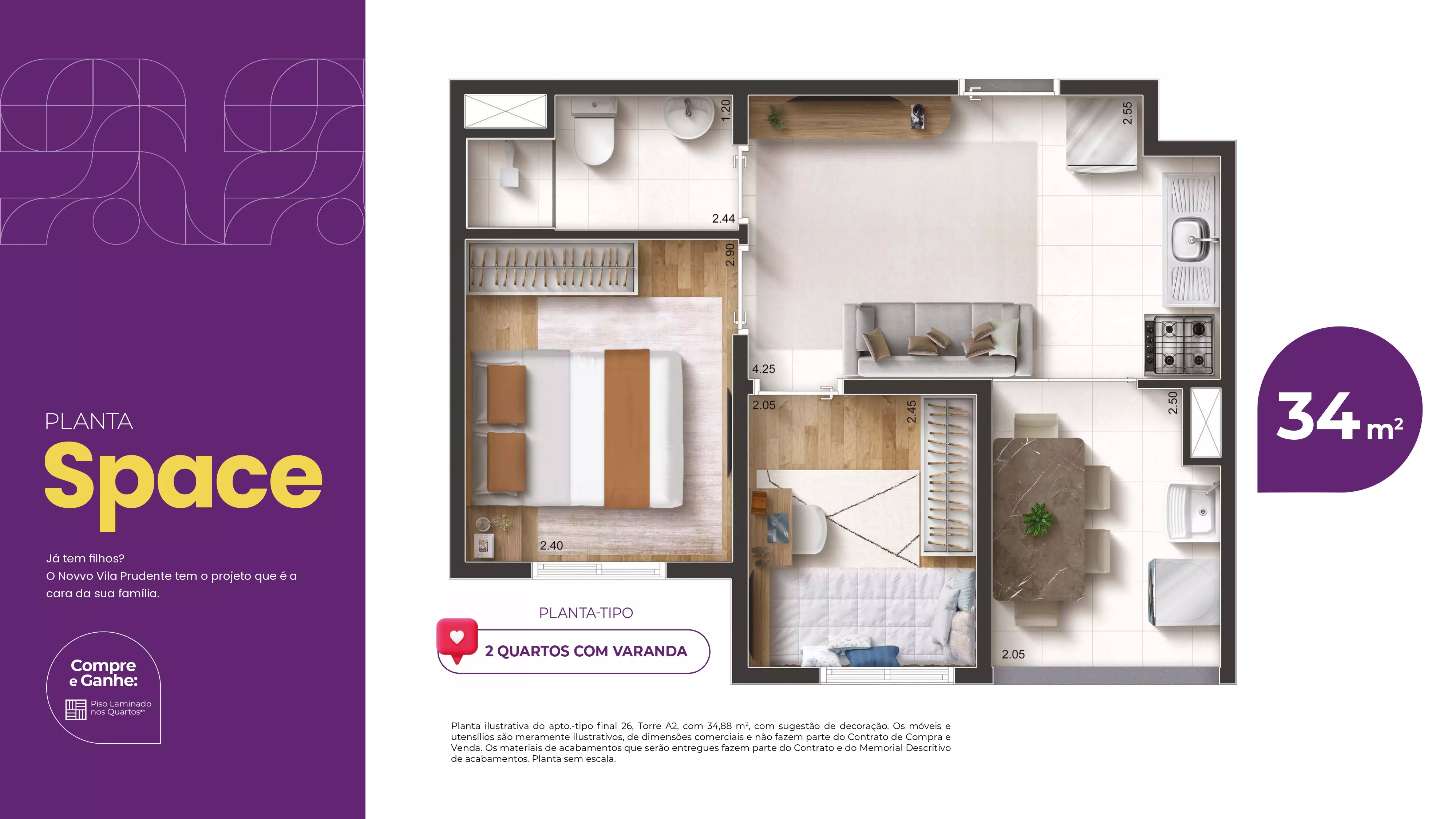 Planta Space de 34 m² — Novvo Vila Prudente