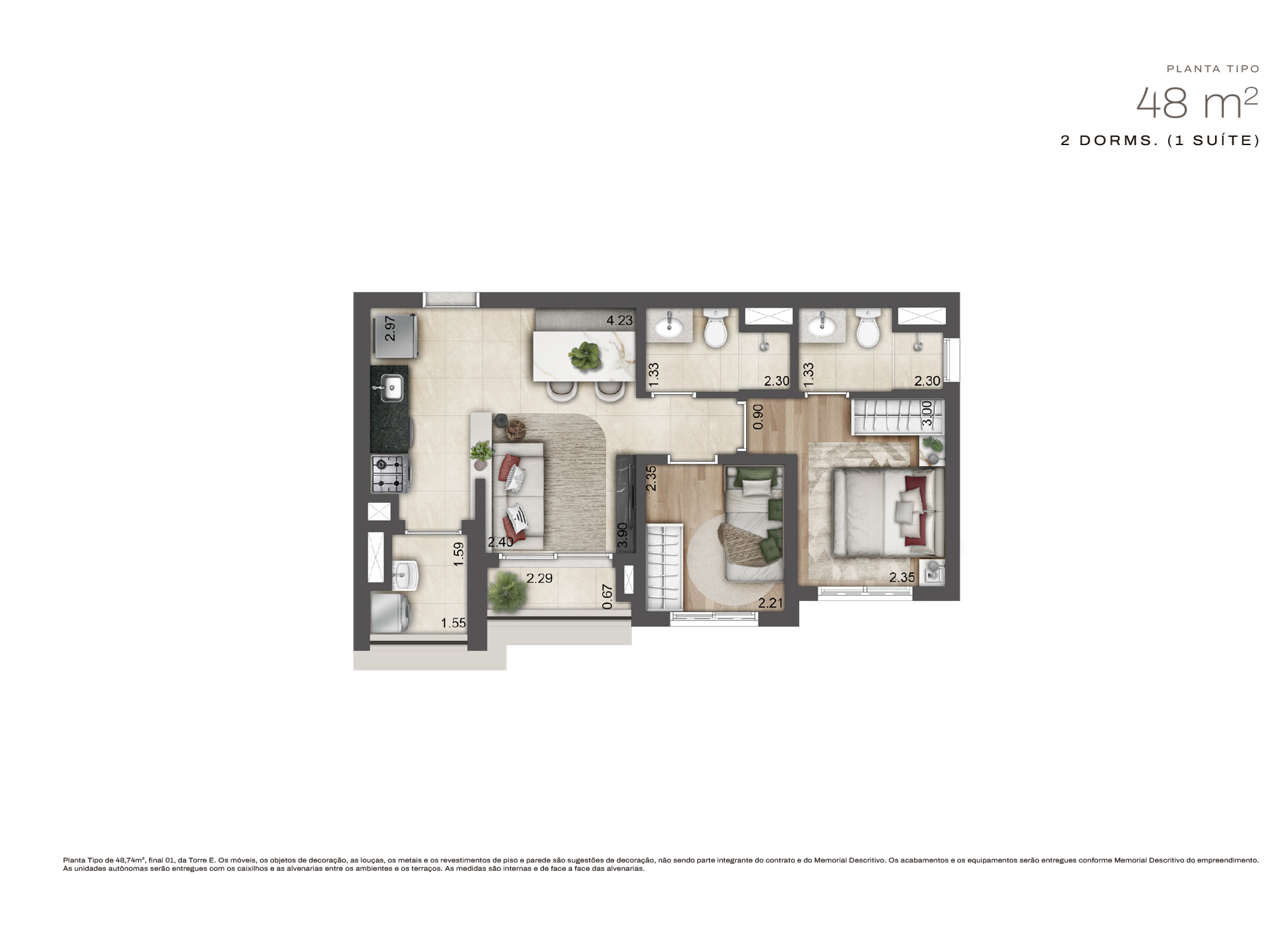 Planta 48 m² — Jardim da Hípica Apartments