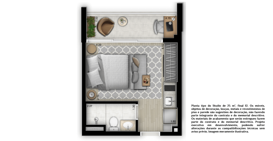 Planta tipo studio 25m²